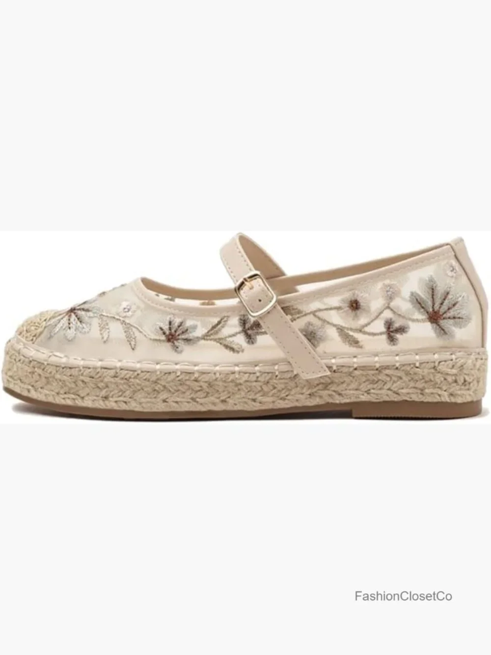 Embroidered Mesh Mary Jane Espadrille Ballet Flats